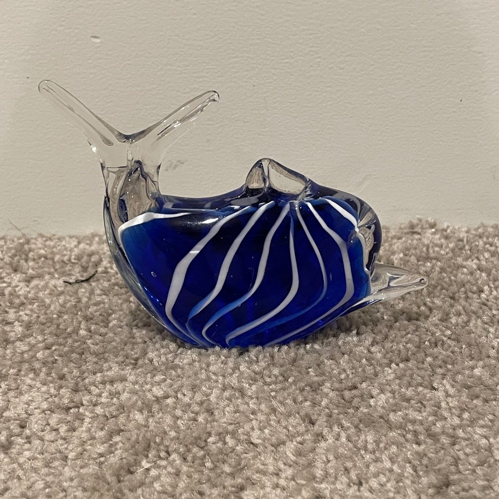 Glass Dolphin Cobalt Blue White Stripes Nautical Collectible Paper Weight Decor‎